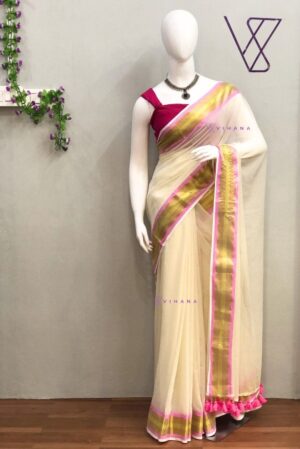 Off white Mul Cotton Saree with Pink and Golden Zari Stripe Borders