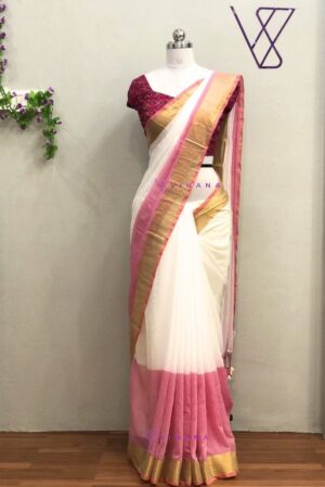 Off White And Pink Mul Cotton Saree