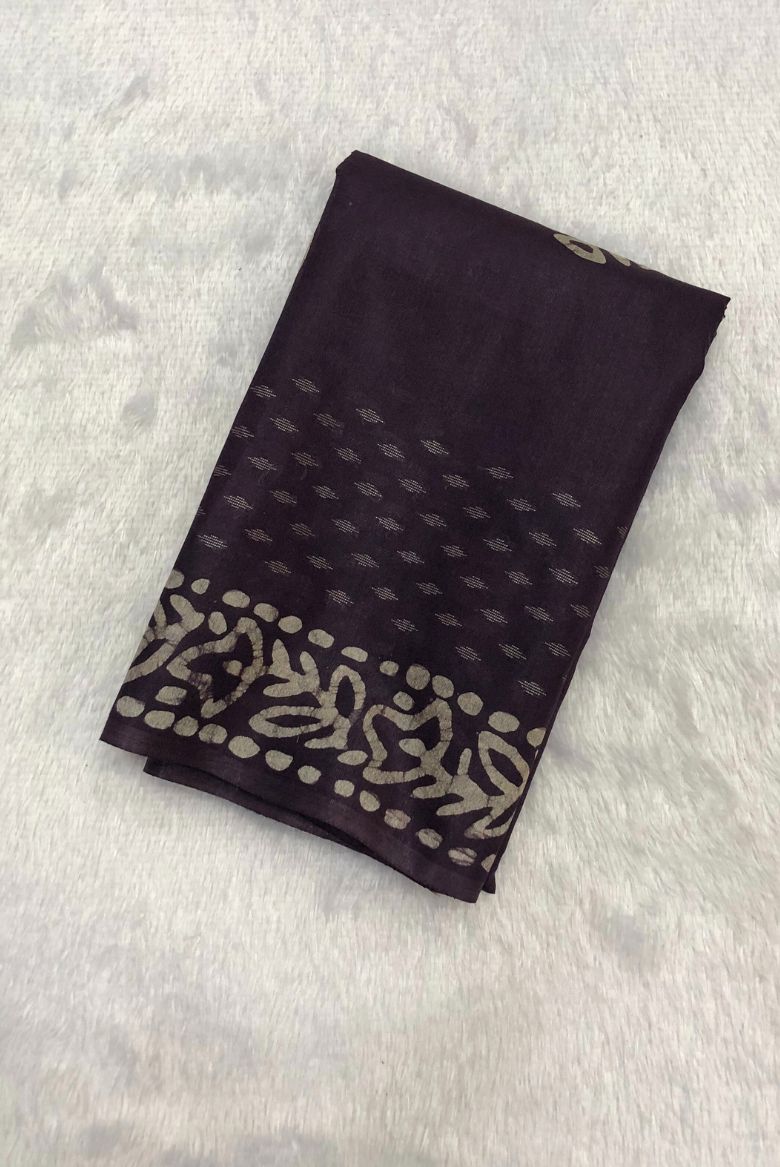 Dark Wine Kota Silk Katwar Batik Print Saree - Image 2