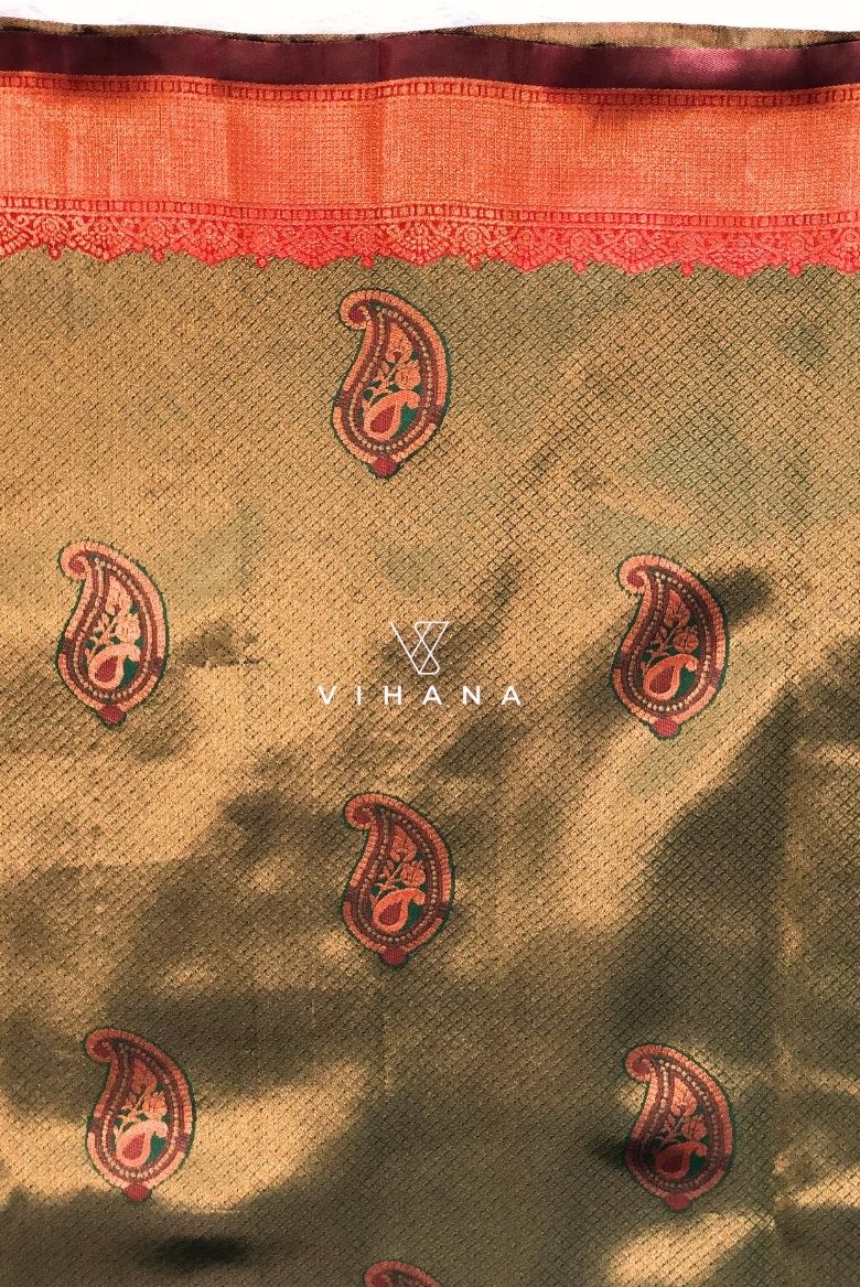 Dark Green Banarasi Saree with Maroon Border - Image 2