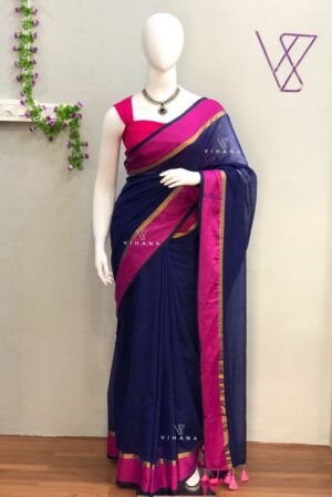 Elegant Blue Mul Cotton Saree with Pink and Golden Zari Borders