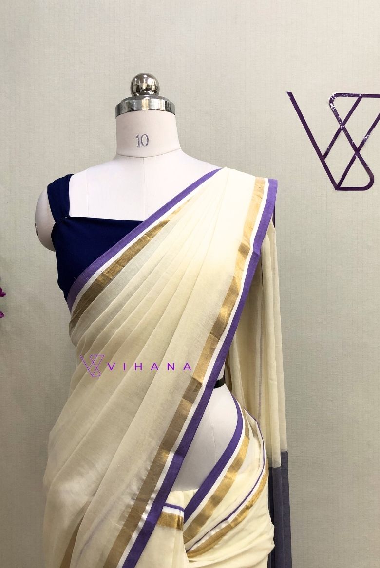 Pure 120 count Off white Mul Cotton Saree with Light Purple Borders - Image 5