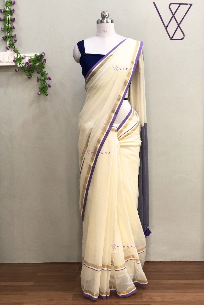Pure 120 count Off white Mul Cotton Saree with Light Purple Borders