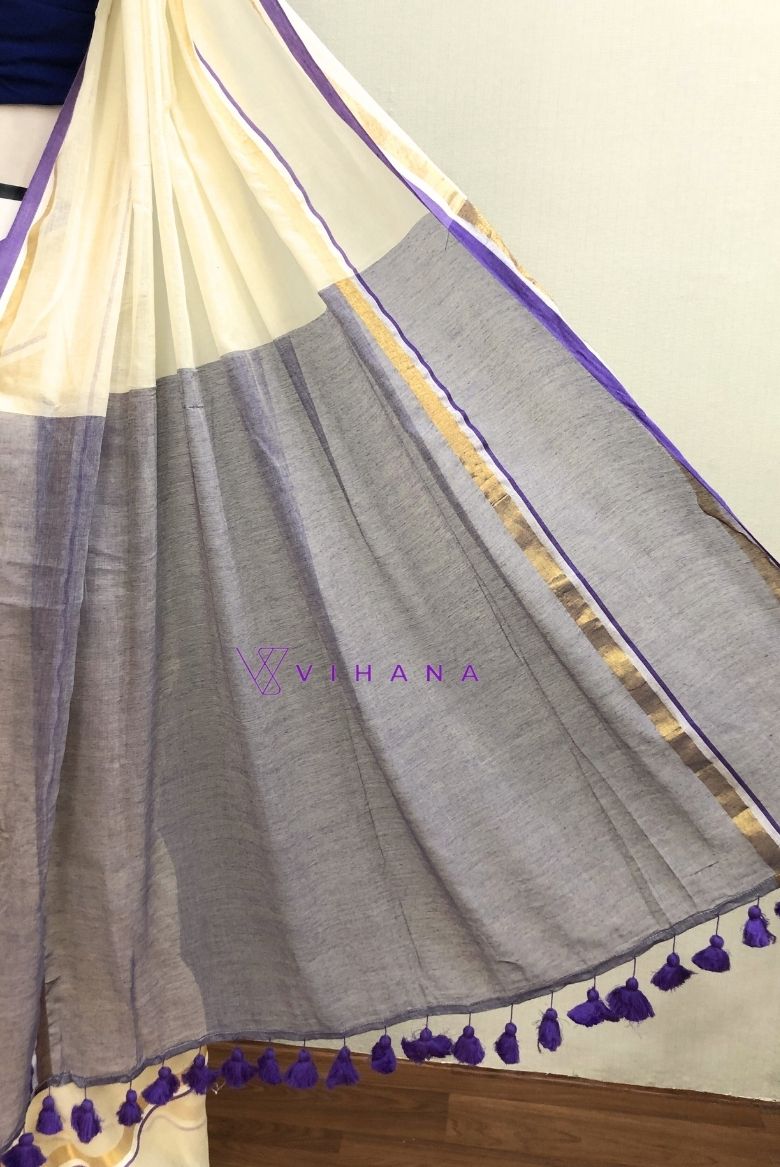 Pure 120 count Off white Mul Cotton Saree with Light Purple Borders - Image 7