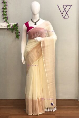 Cream Mul cotton Saree with Copper zari Stripes Border Design