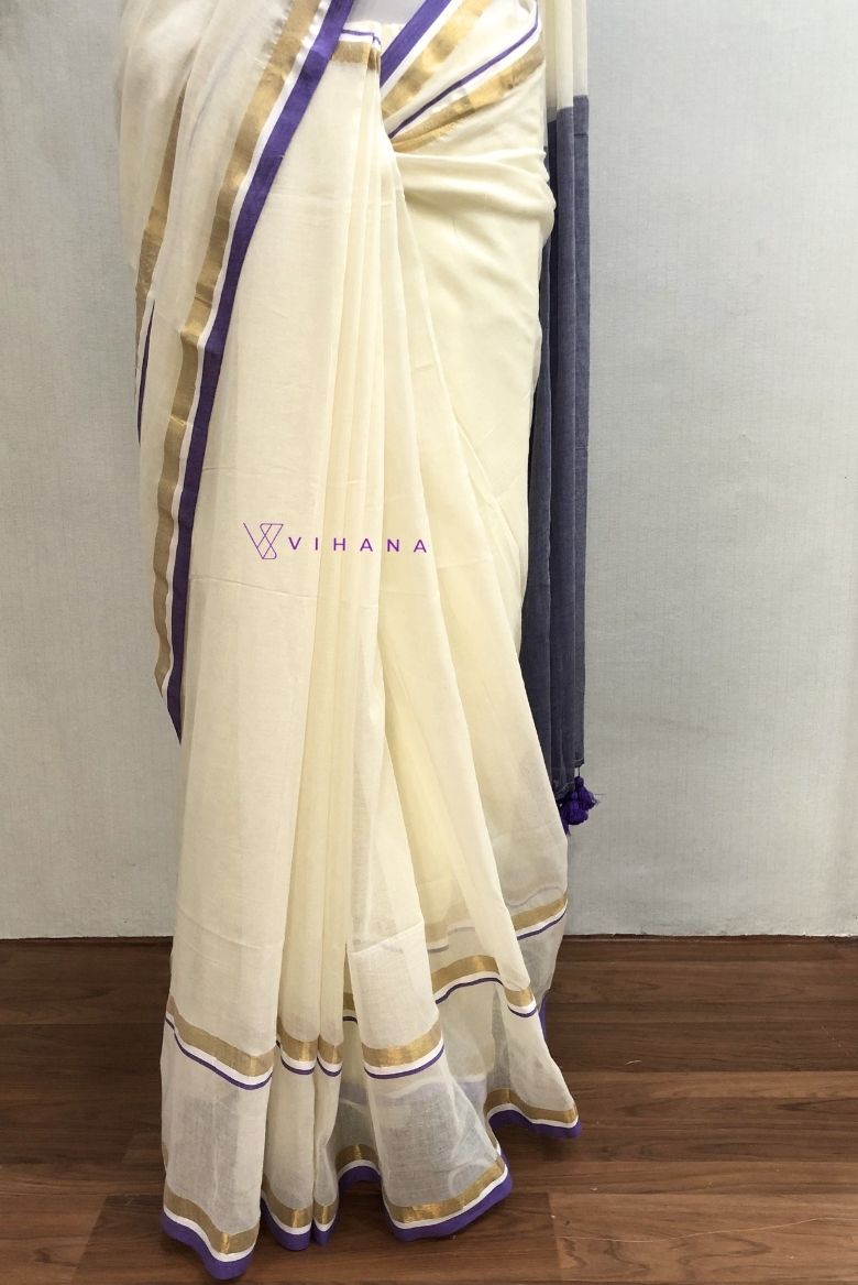Pure 120 count Off white Mul Cotton Saree with Light Purple Borders - Image 6