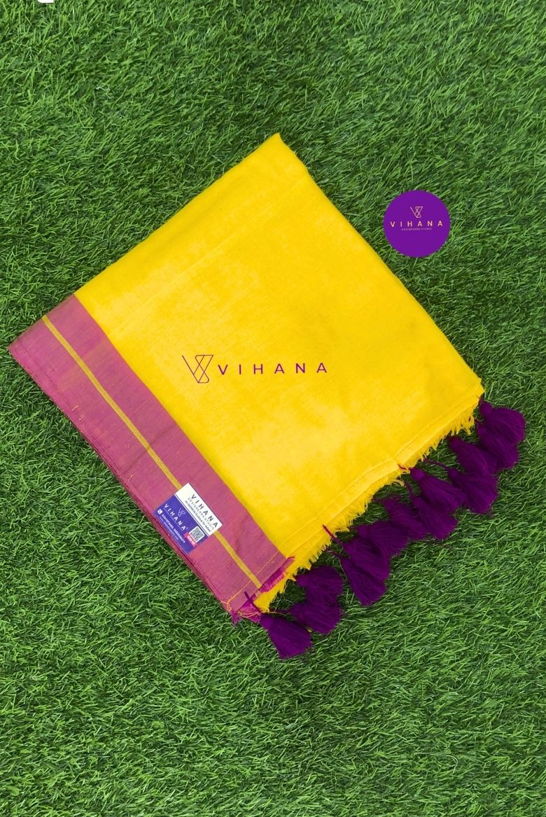 Bright Yellow Mul Cotton Saree with Purple and Golden zari Border - Image 2