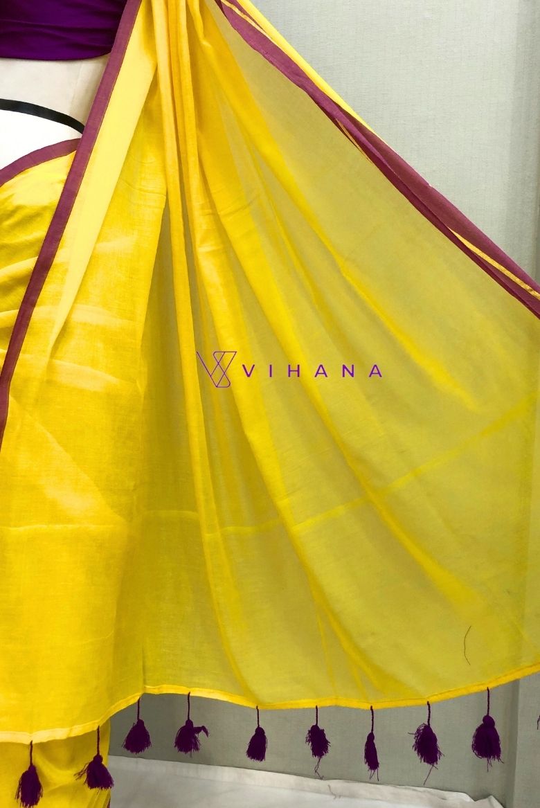 Bright Yellow Mul Cotton Saree with Purple and Golden zari Border - Image 5