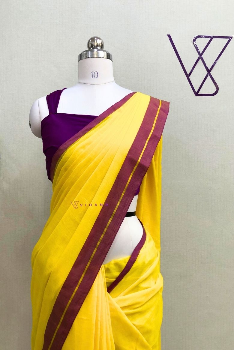 Bright Yellow Mul Cotton Saree with Purple and Golden zari Border - Image 3