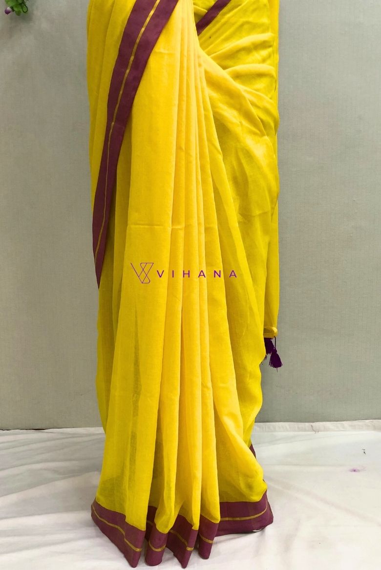 Bright Yellow Mul Cotton Saree with Purple and Golden zari Border - Image 4