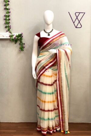 Elegant Cream Pure 120 count Mul Cotton Saree with Vibrant Borders and Hand-knotted Tassels.