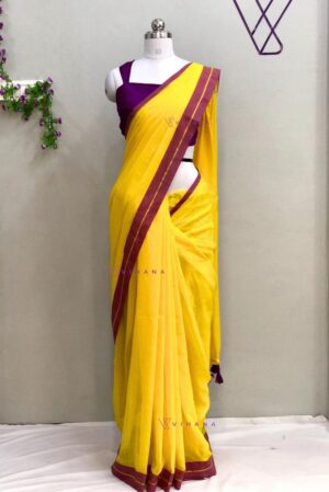 Bright Yellow Mul Cotton Saree with Purple and Golden zari Border