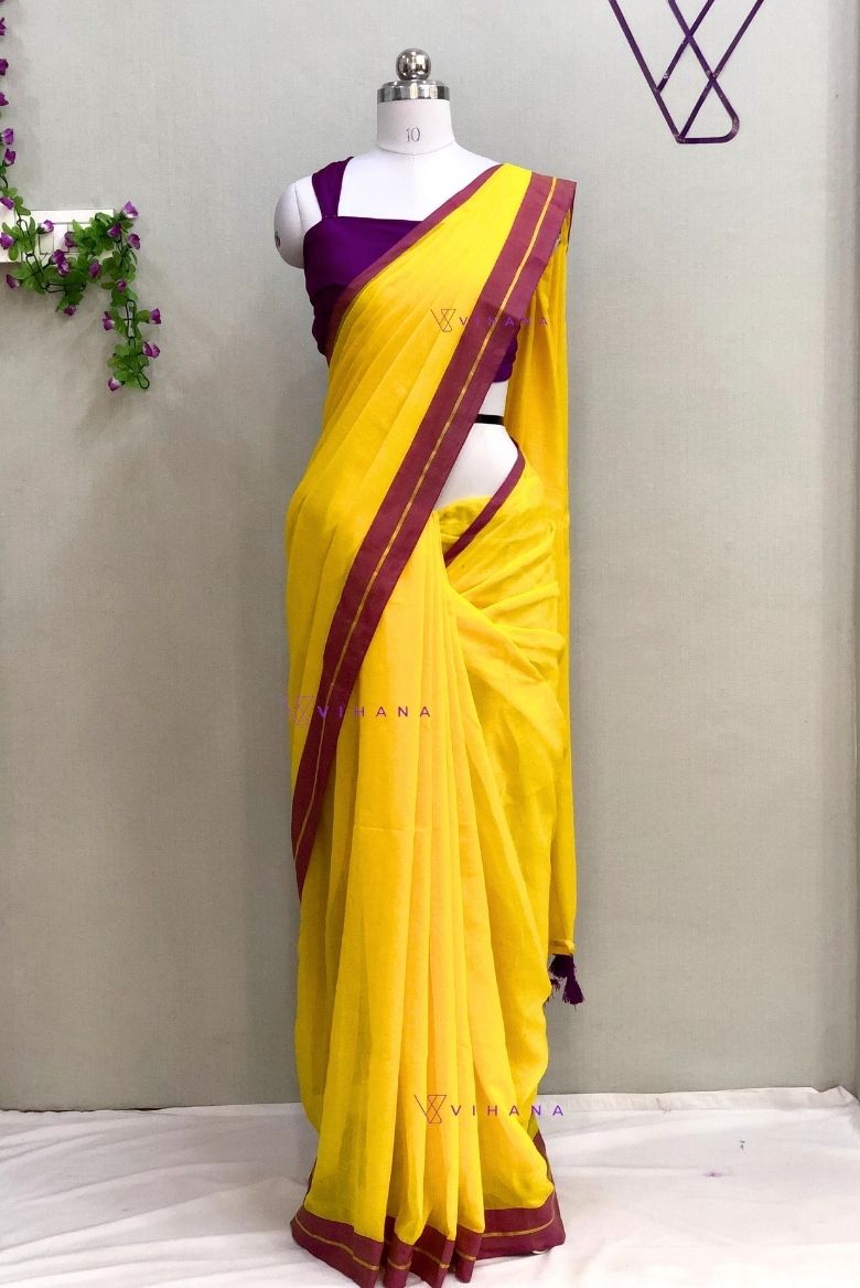 Bright Yellow Mul Cotton Saree with Purple and Golden zari Border