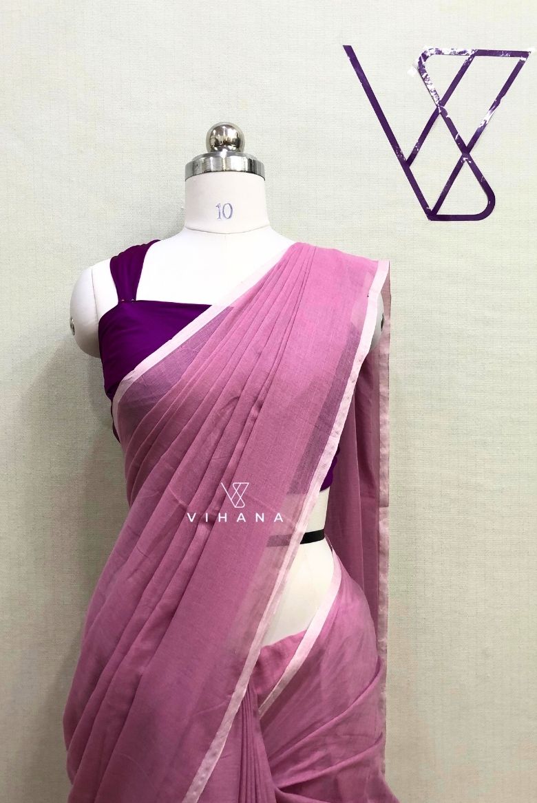 Dusty Mauve Mul Cotton Saree - Image 3
