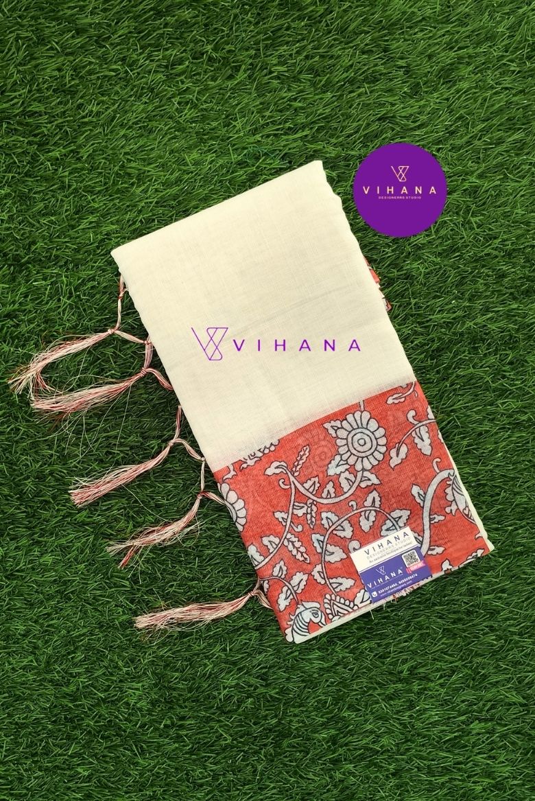 Pure White Linen Cotton Saree with Striking Burnt Orange Kalamkari Border