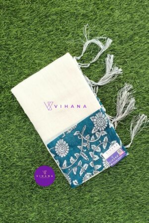 White Linen Cotton Saree with Stunning Teal Floral Border