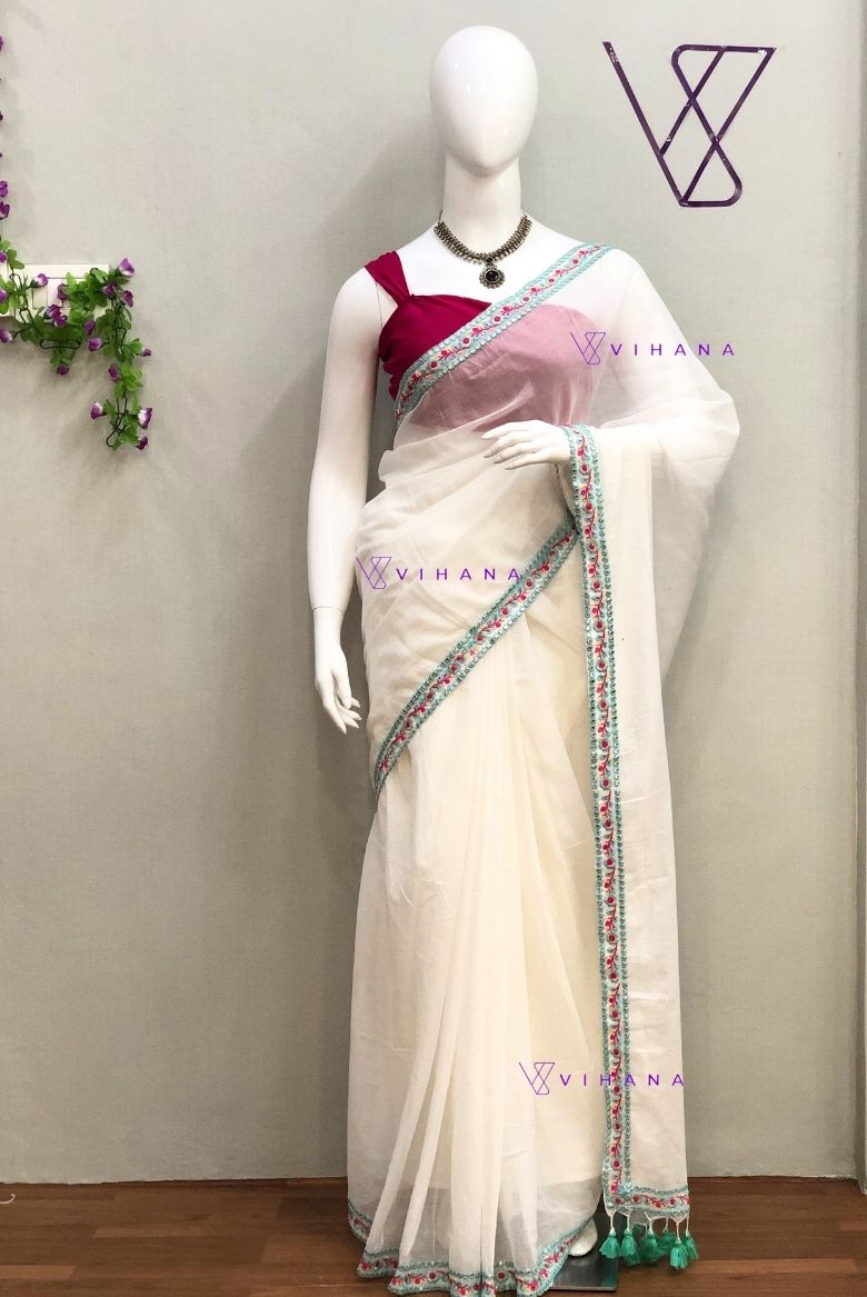 White Mul Cotton Saree with Embroidery Lace Border