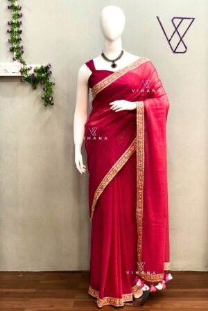 Pink Mul Cotton Saree with Embroidery Lace Work
