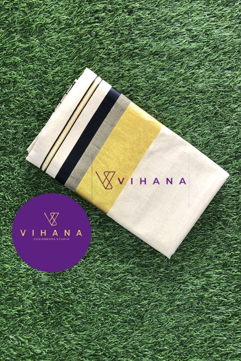 Cotton Handloom Set Saree with Gold Zari and Black Kara Border