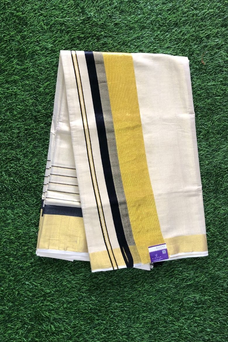 Cotton Handloom Set Saree with Gold Zari and Black Kara Border - Image 2