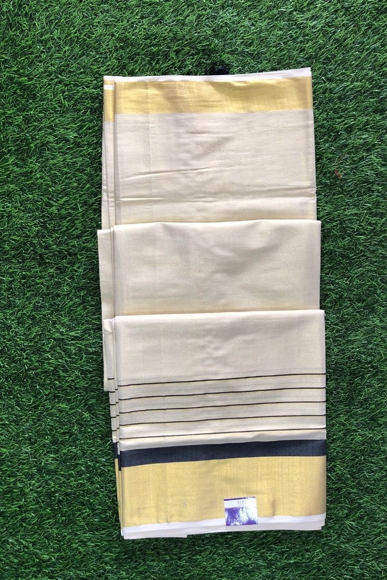 Cotton Handloom Set Saree with Gold Zari and Black Kara Border - Image 3