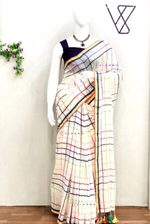 Aiswarya Laxmi Inspired White Mul Cotton Saree with Vibrant Multicolored Check Pattern