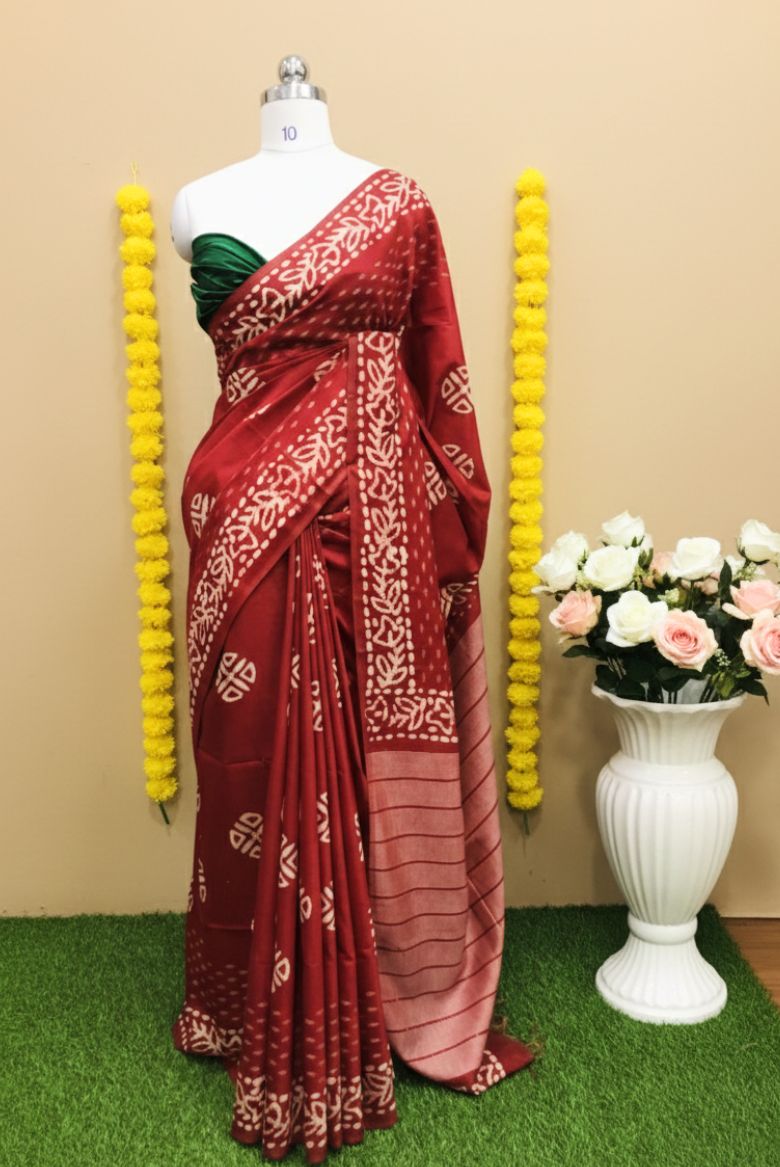 Dark Red Kota Silk Katwar Batik Print Saree - Image 7