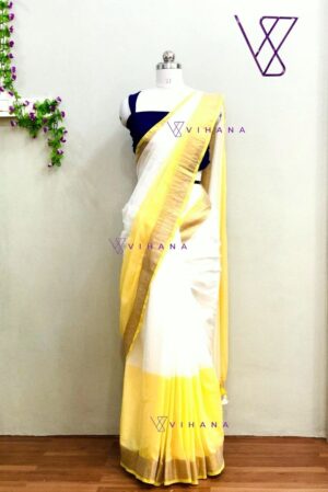 Pure 120 Count Half Dyed White and Yellow Mul Cotton Saree