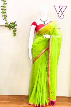 Parrot Green Mul Cotton Saree with Beautiful Lace Work Borders