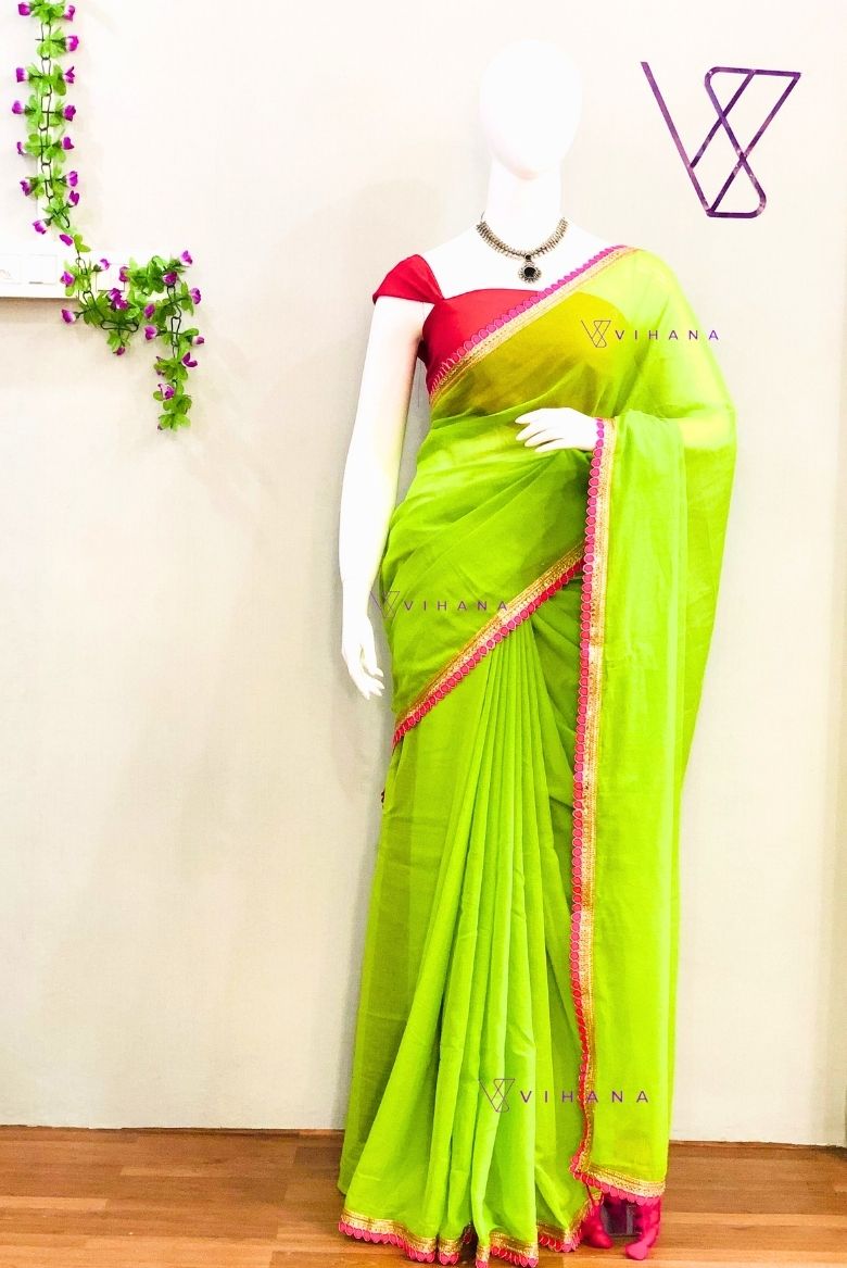 Parrot Green Mul Cotton Saree with Beautiful Lace Work Borders