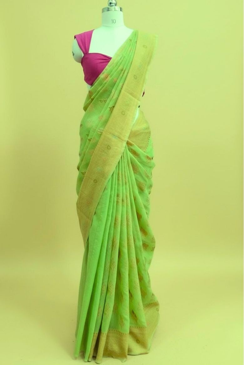 Kanjivaram Inspired Parrot -Green Cotton Linen Saree - Image 6