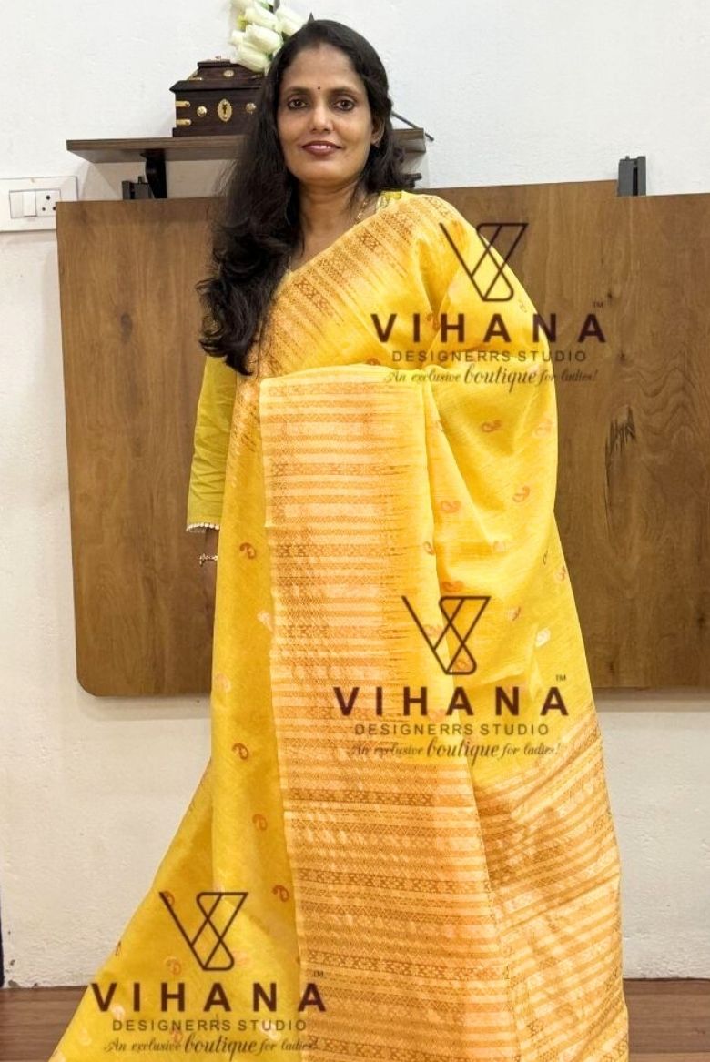 Yellow Cotton Linen Saree
