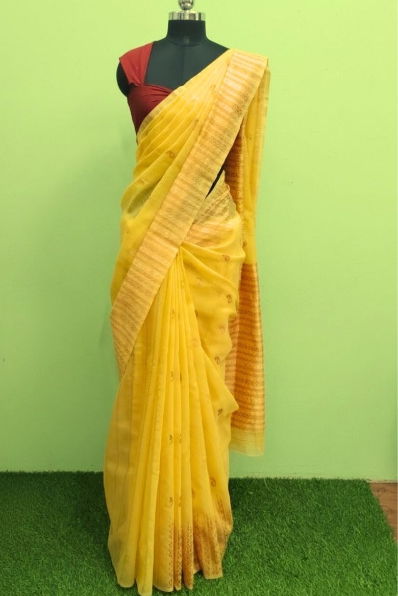 Yellow Cotton Linen Saree - Image 6