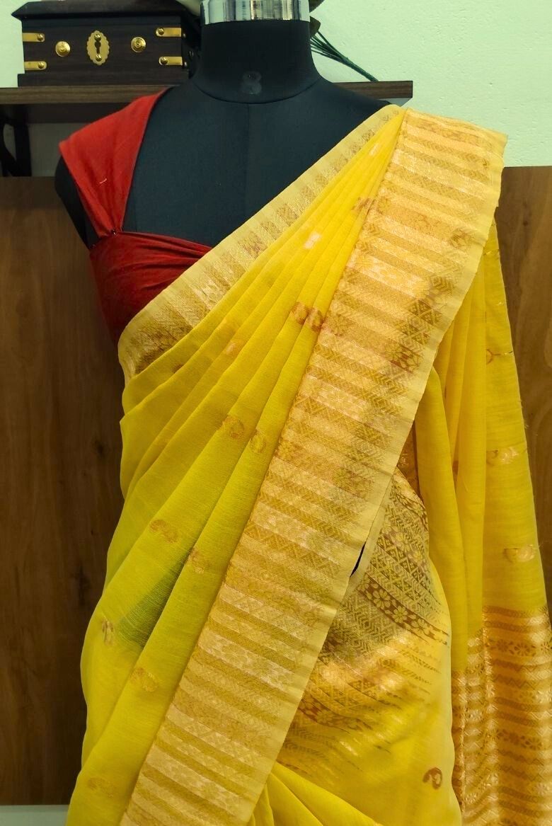 Yellow Cotton Linen Saree - Image 3