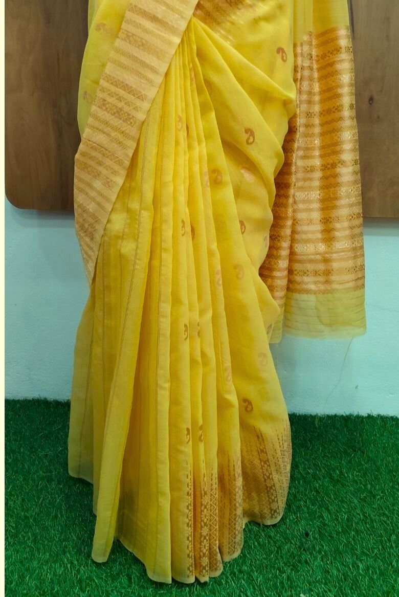 Yellow Cotton Linen Saree - Image 4