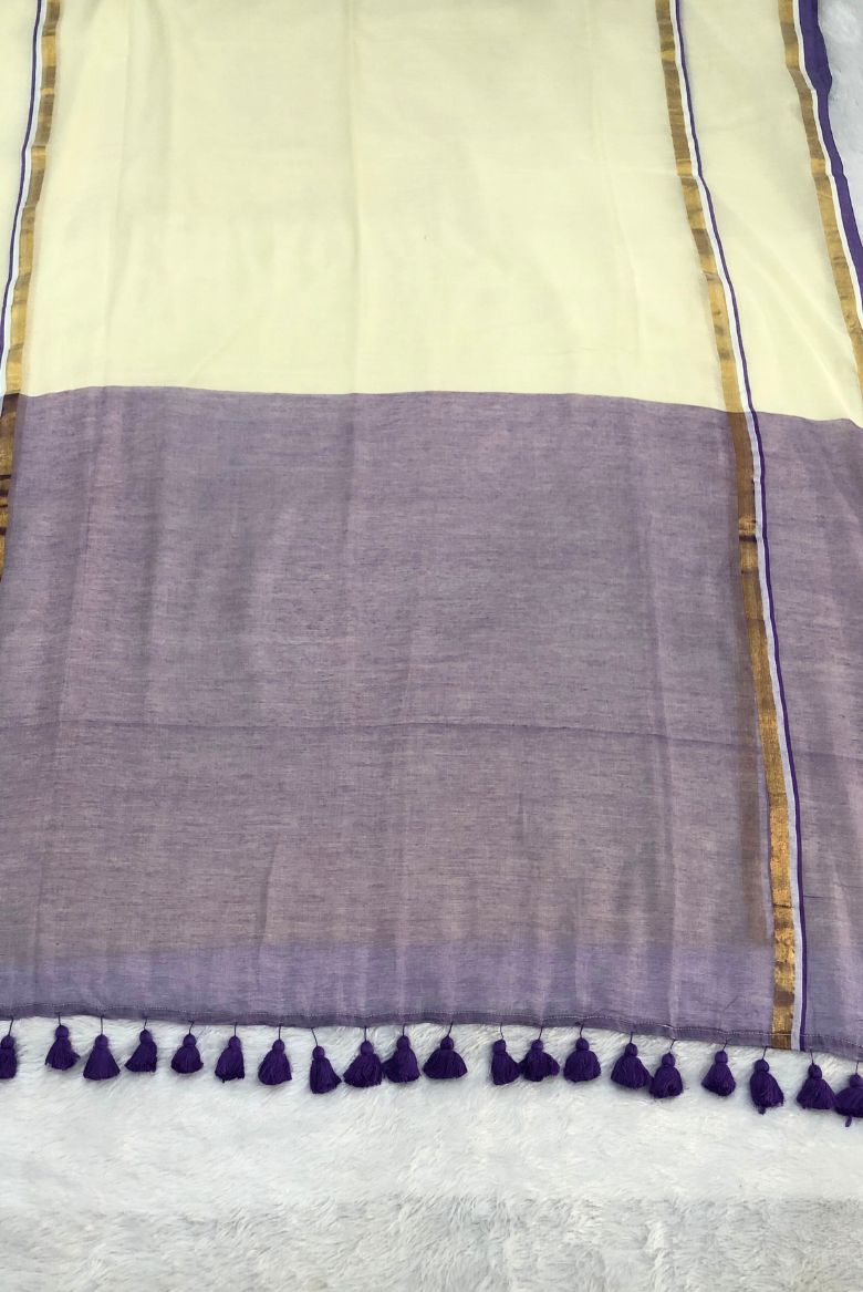 Pure 120 count Off white Mul Cotton Saree with Light Purple Borders - Image 4