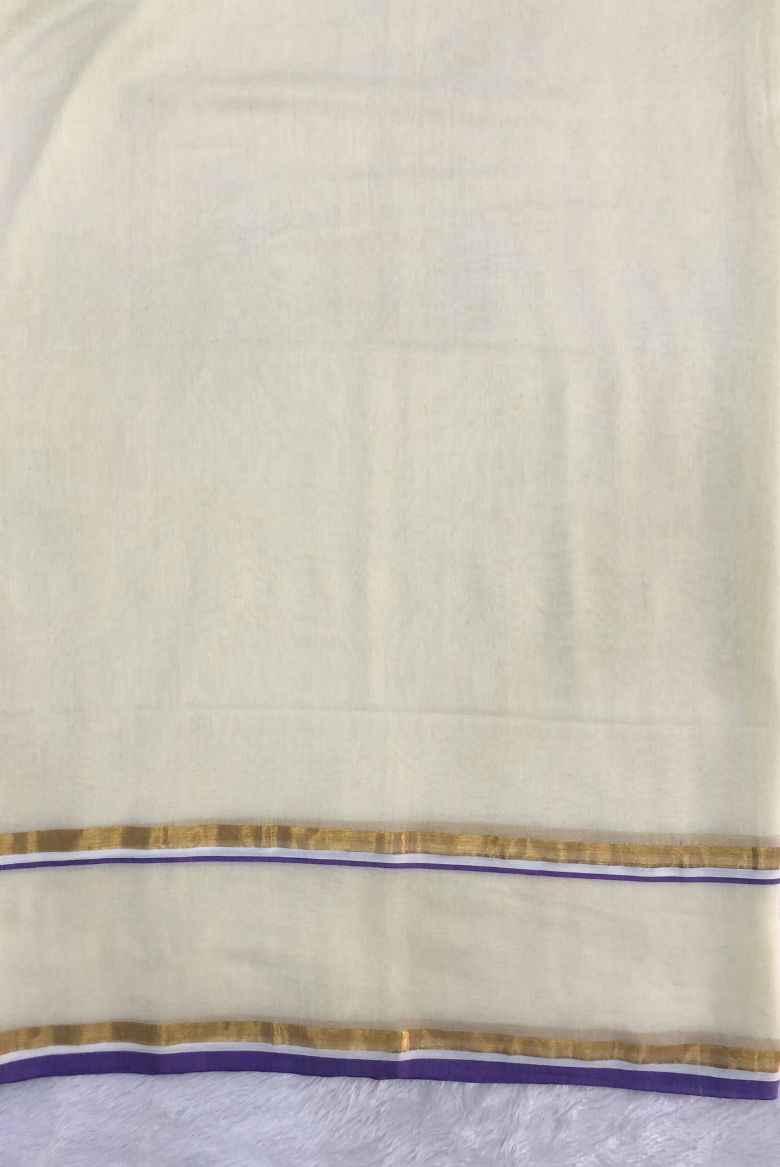 Pure 120 count Off white Mul Cotton Saree with Light Purple Borders - Image 3