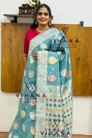 Pastel Teal Blue Semi Kanjivaram Saree