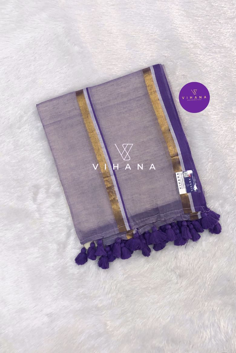 Pure 120 count Off white Mul Cotton Saree with Light Purple Borders - Image 2