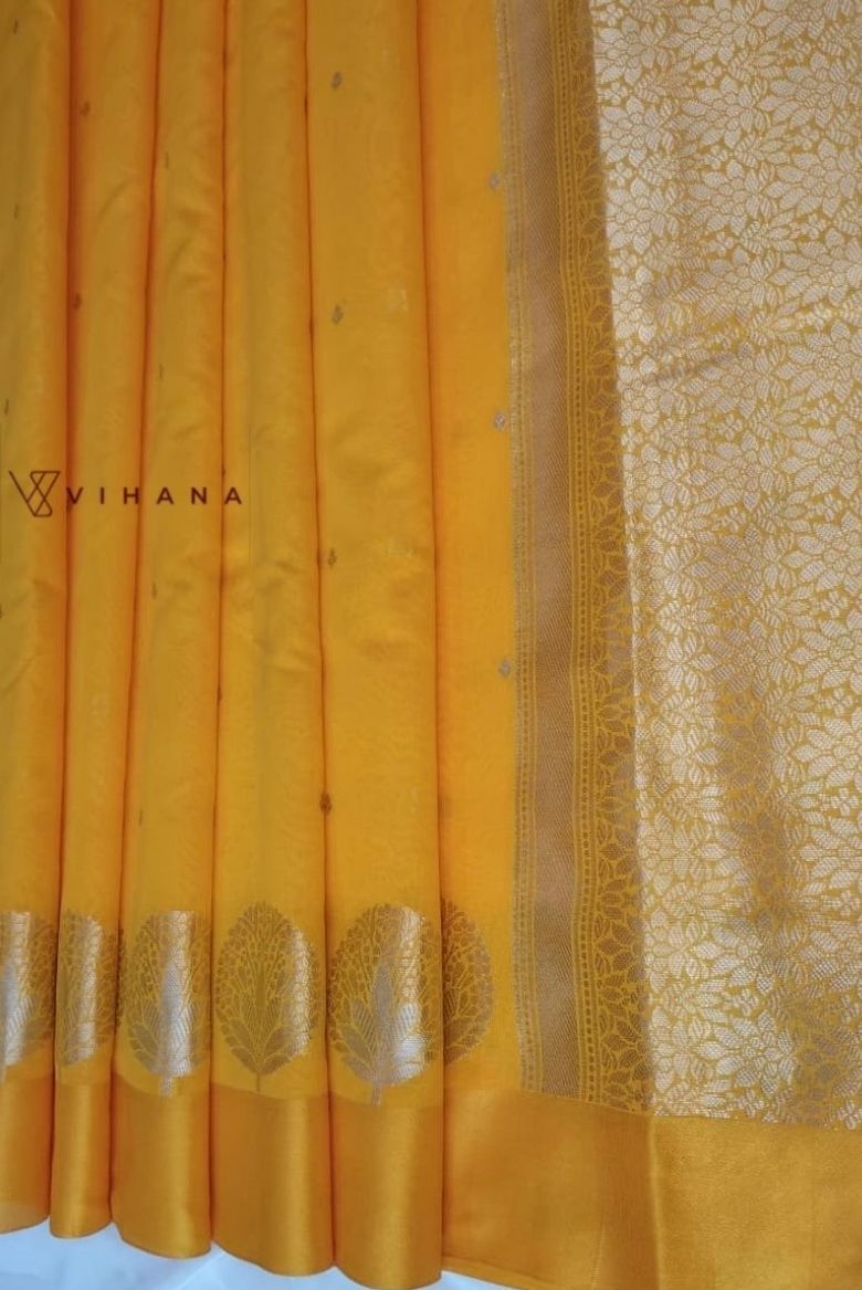 Yellow Banarasi Katan Silk Saree - Image 3