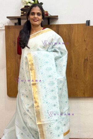 Icy Blue Kota Doriya Organza Silk Saree with Floral Embroidery