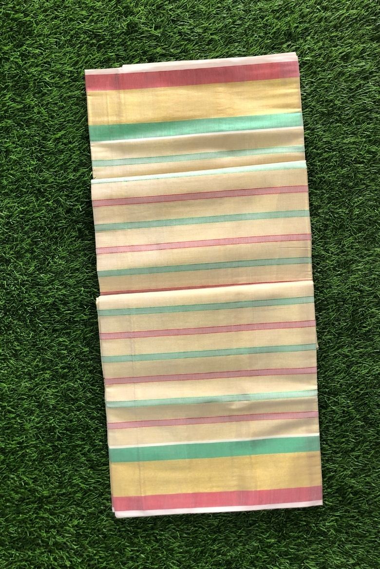 Traditional Kerala Set Saree with Multi-Color Zari Border - Image 2