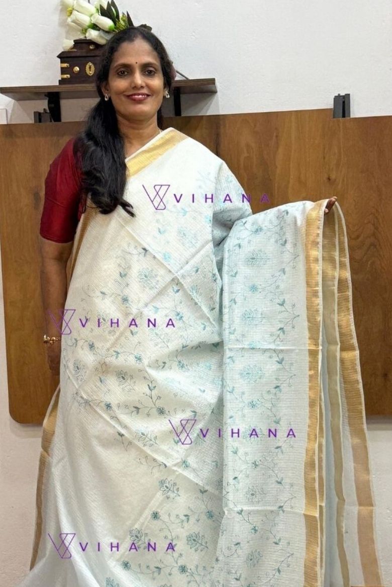 Icy Blue Kota Doriya Organza Silk Saree with Floral Embroidery - Image 5