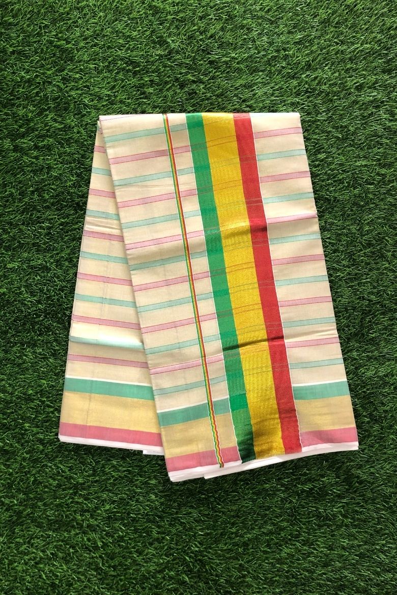 Traditional Kerala Set Saree with Multi-Color Zari Border - Image 3