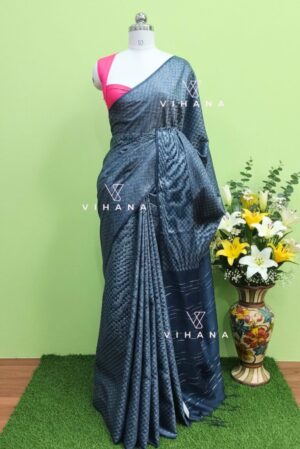 Blue-Grey Kota Silk Jacquard Weaving Bhagalpuri Saree