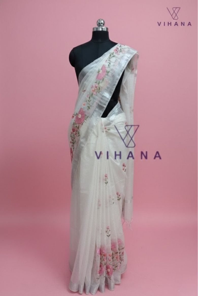 White Kota Doria Organza Silk Saree - Image 7