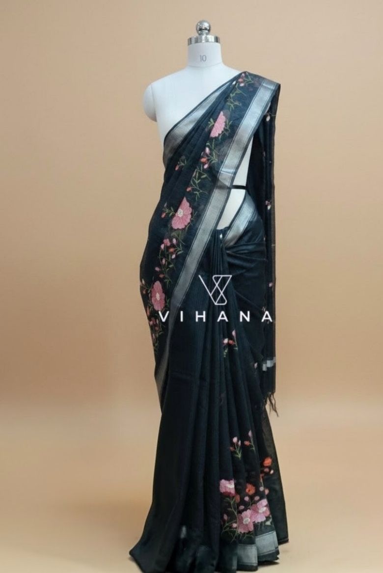 Blueish Grey Kota Doria Organza Silk Saree - Image 7