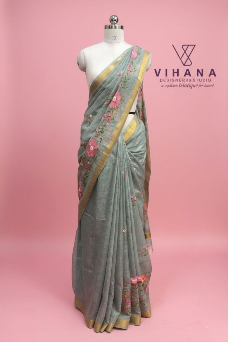 Grey Kota Doria Organza Silk Saree - Image 7