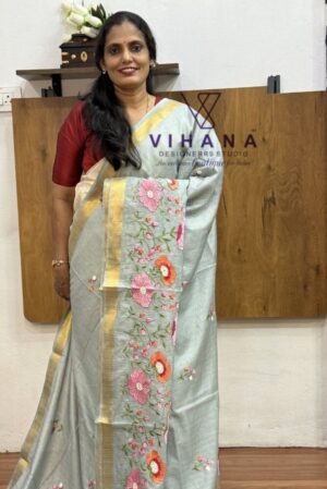Grey Kota Doria Organza Silk Saree