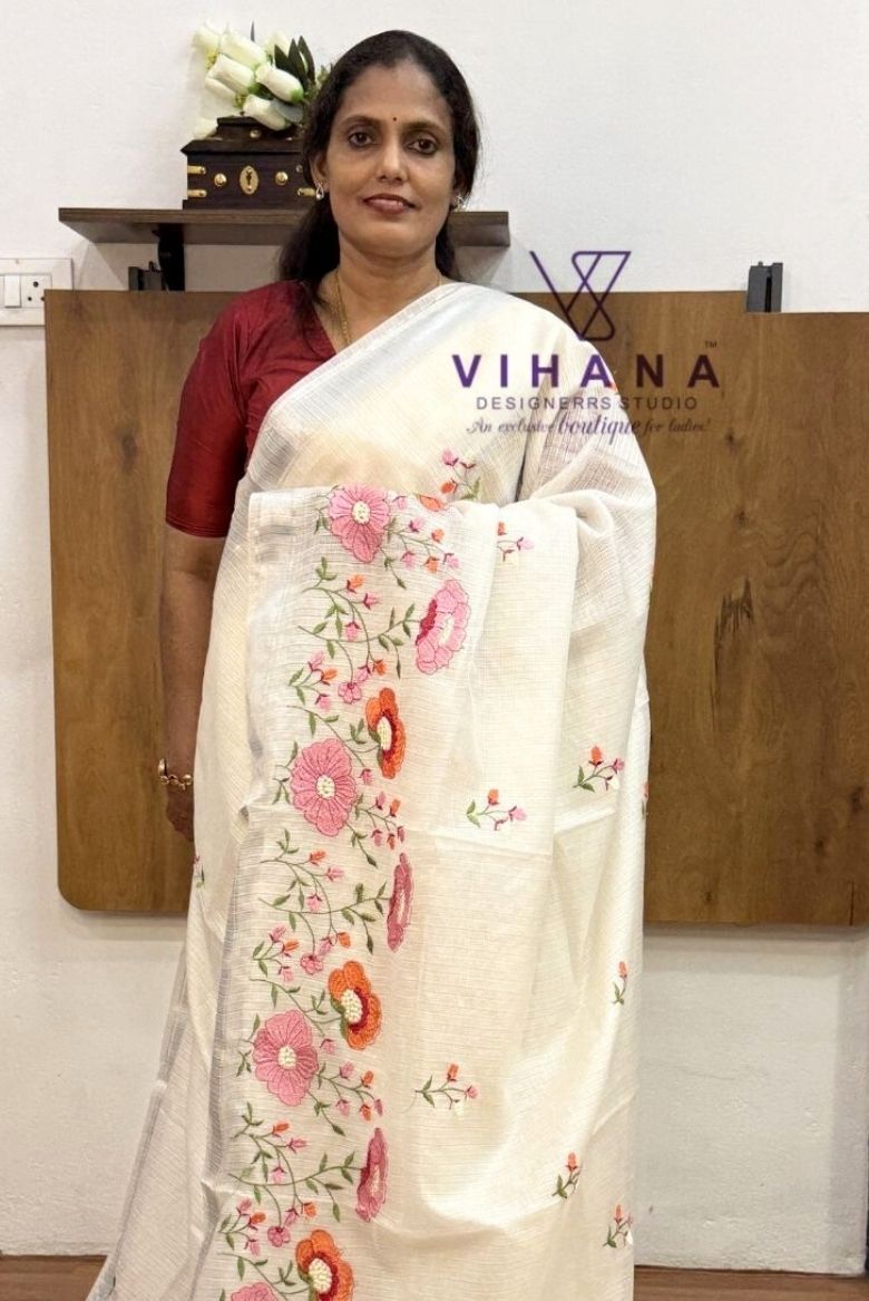 White Kota Doria Organza Silk Saree